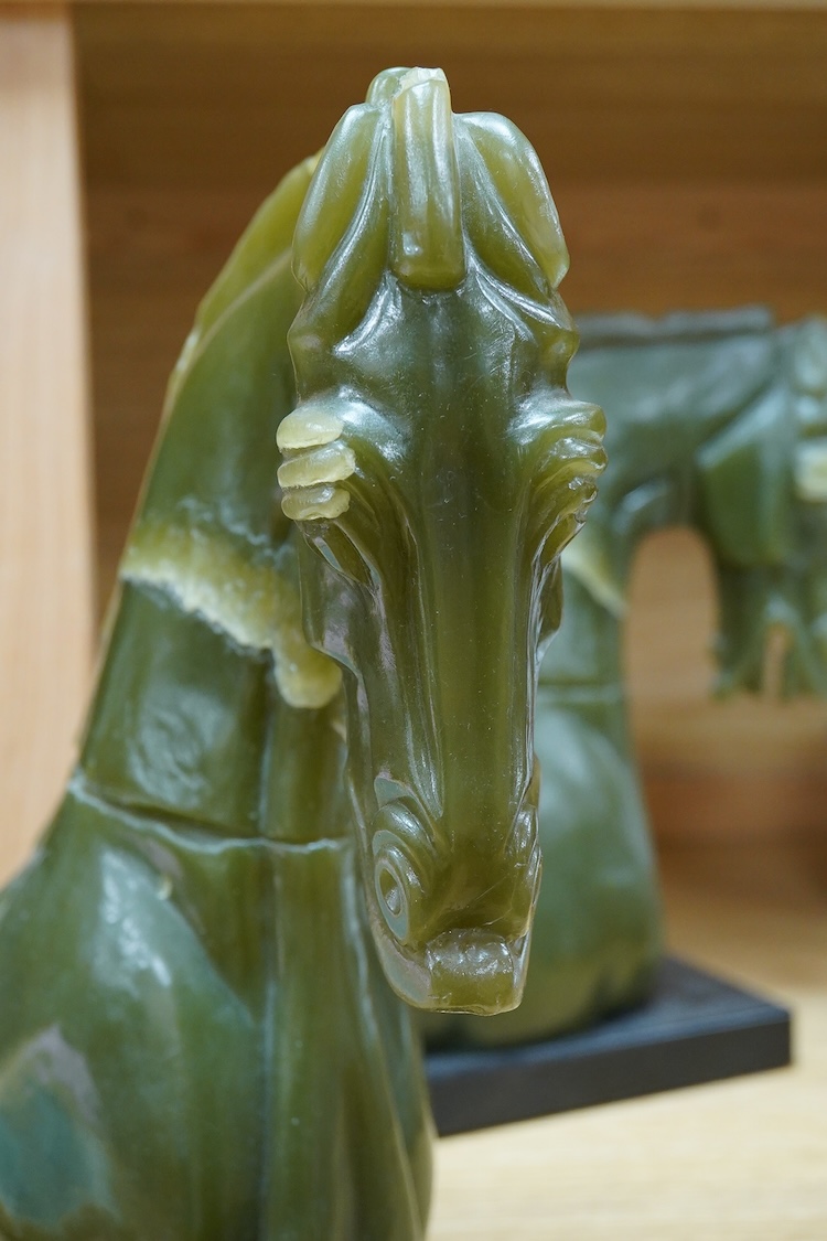 Two Austin V&A sculptures, simulated jade horses ornaments, 32cm high